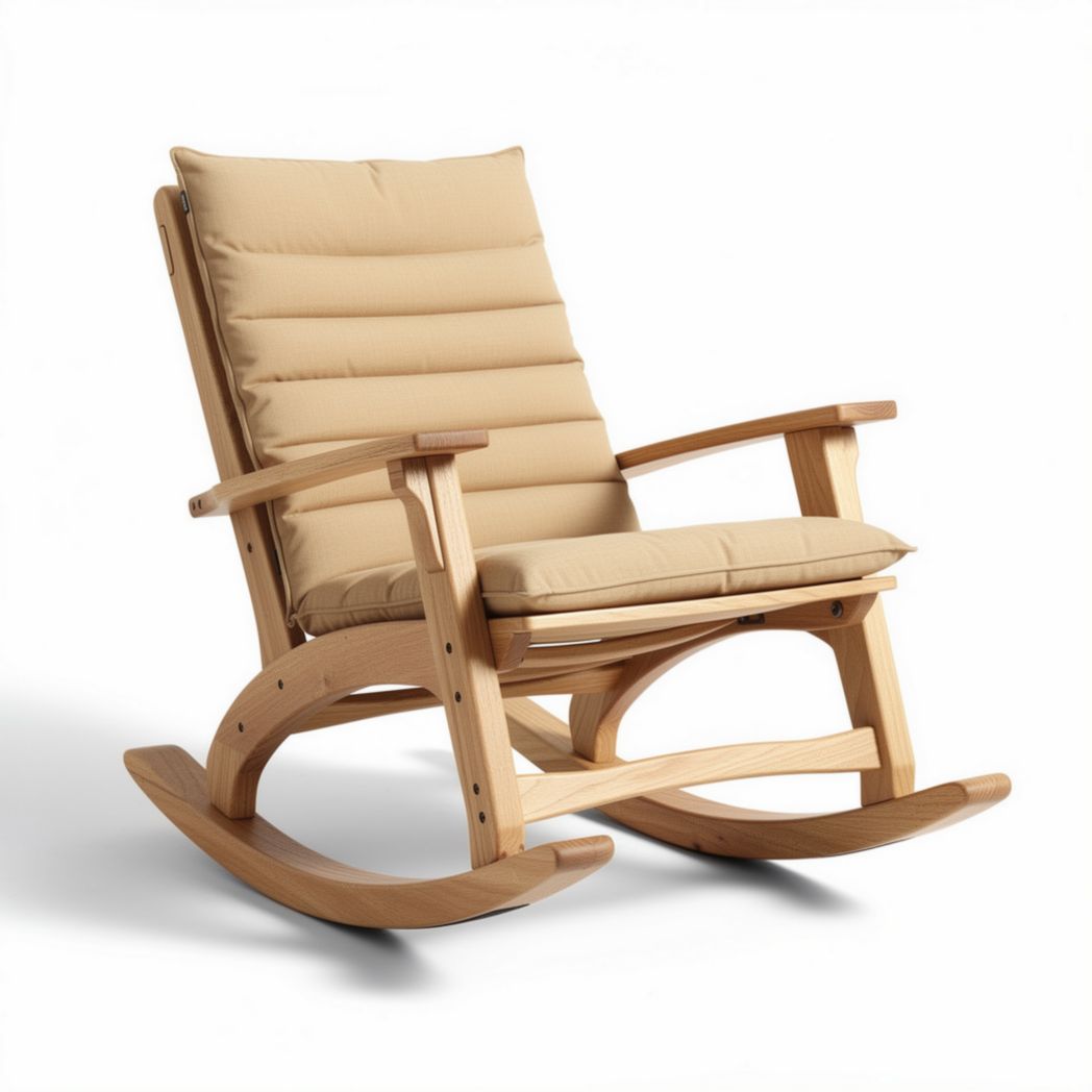 Wooden rocking chair with cushioned seat and backrest in beige color