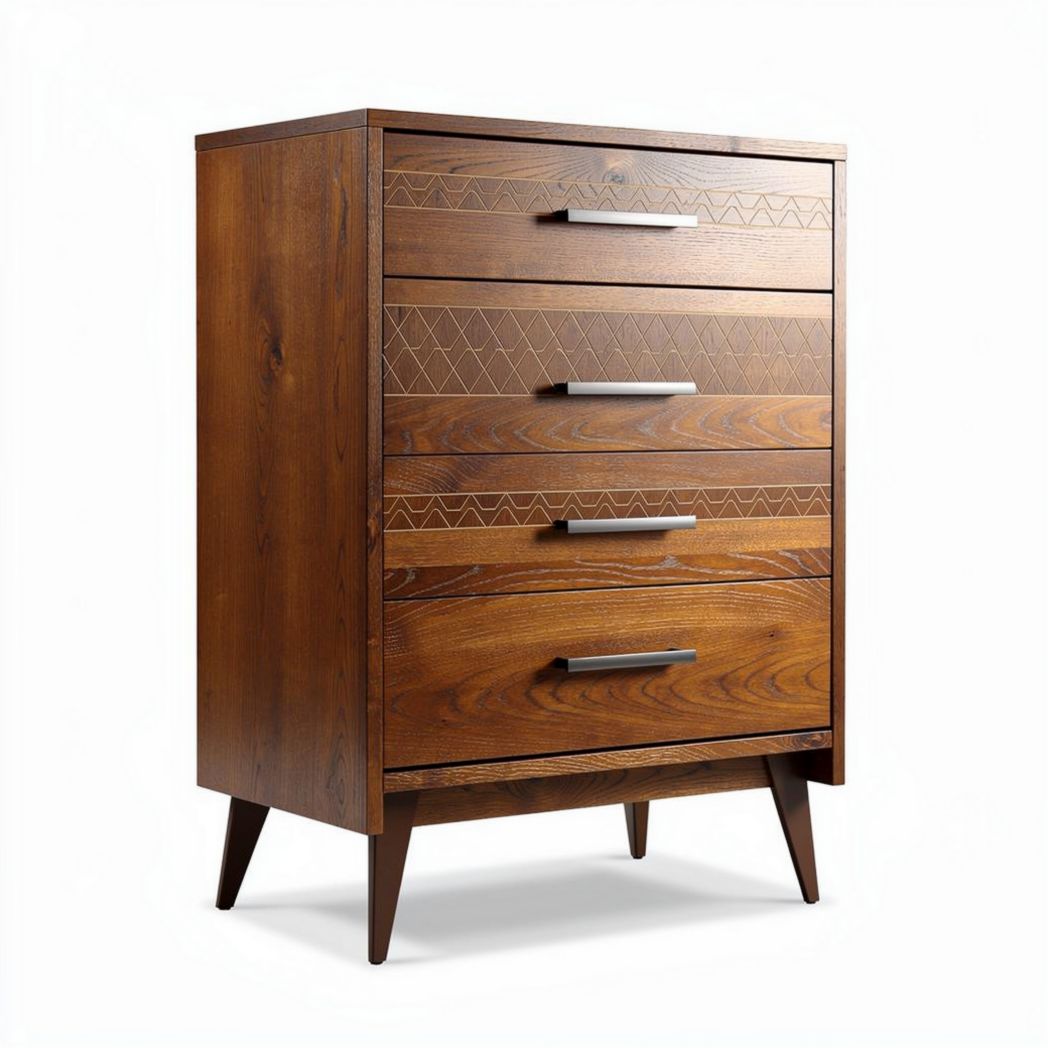 Wooden chest of drawers with geometric patterns and metal handles 80 x 40 x 100cm