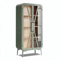 Green metal and wood display cabinet with glass doors 80 x 40 x 180cm