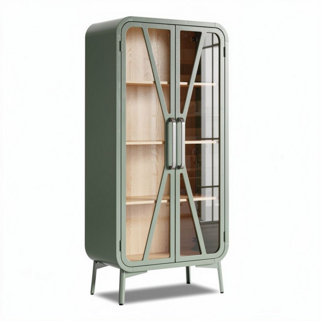 Green metal and wood display cabinet with glass doors 80 x 40 x 180cm