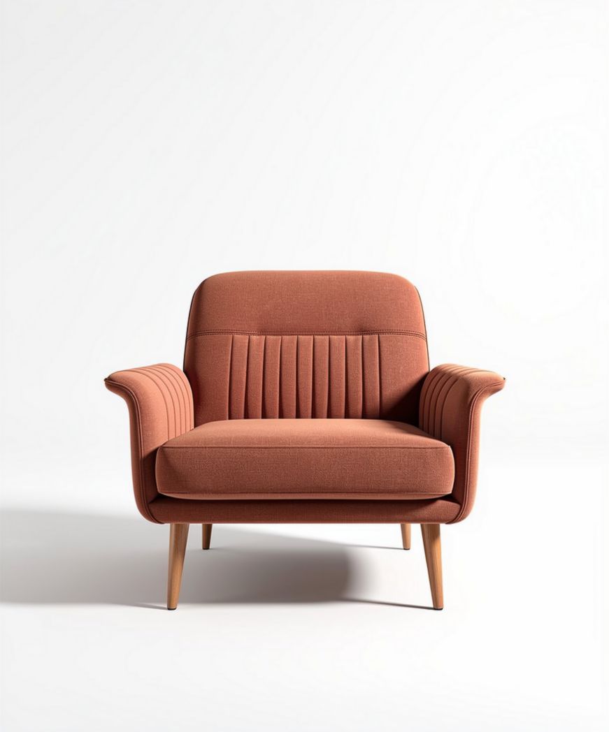 Fabric armchair with ribbed upholstery and wooden legs for living room use