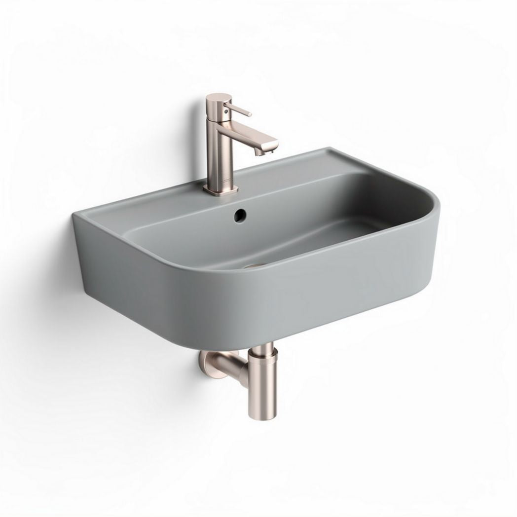 Wall-mounted ceramic sink with modern faucet in grey 50 x 30 x 15cm