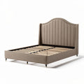 Upholstered full size platform bed frame with slatted support in beige fabric