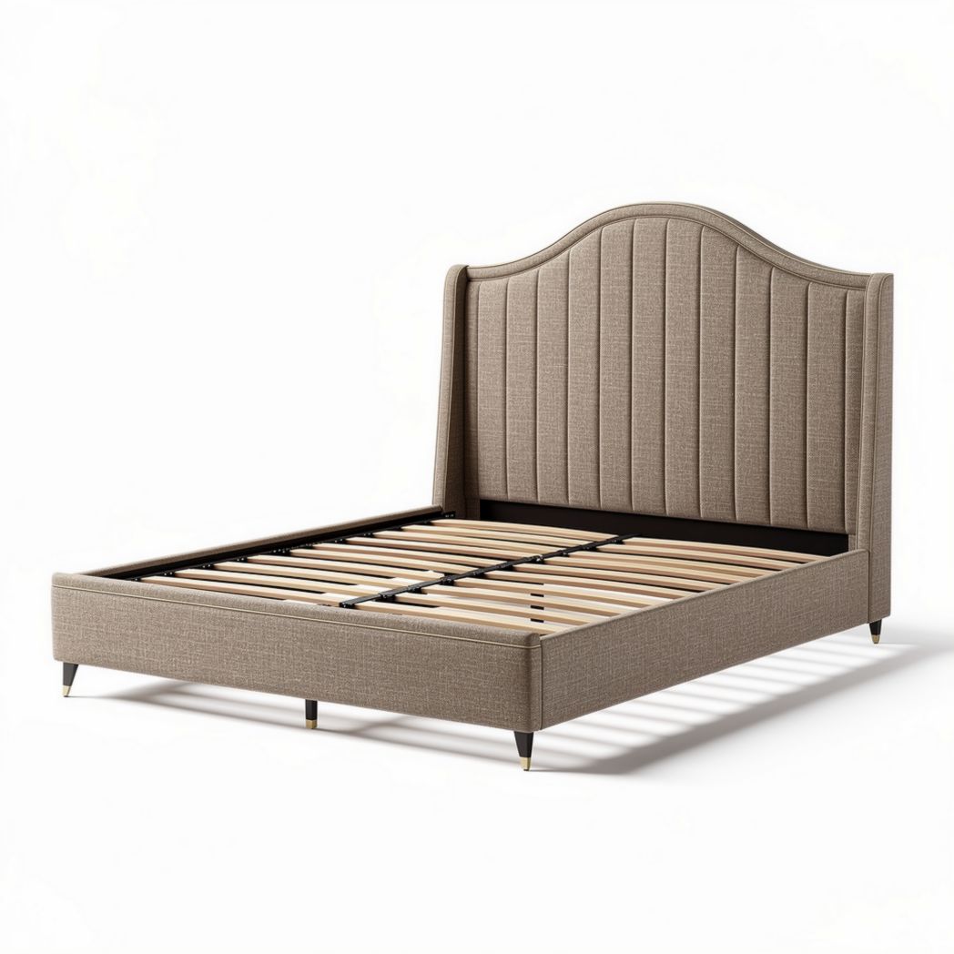 Upholstered full size platform bed frame with slatted support in beige fabric