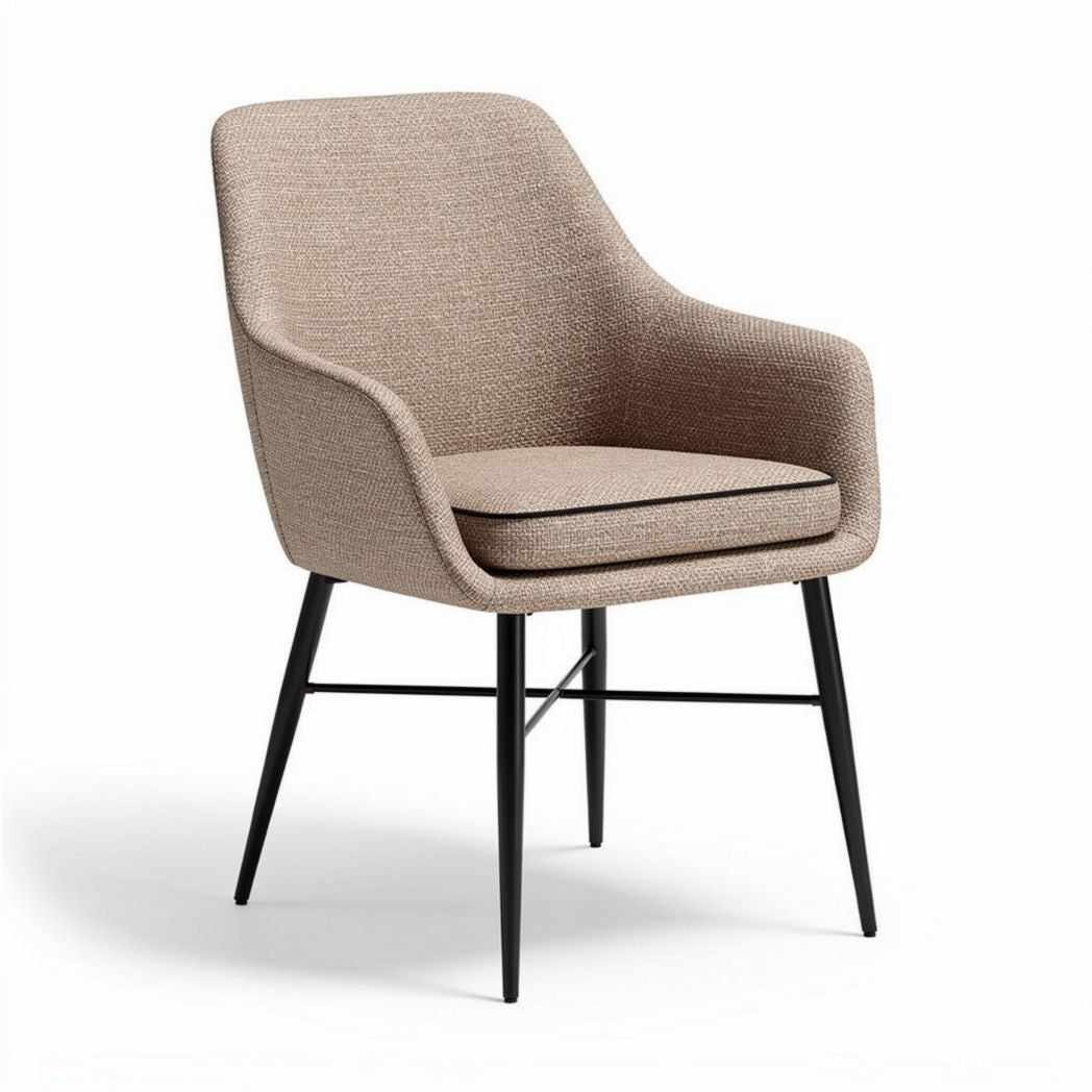 Upholstered dining chair with black metal legs in beige fabric 60 x 60 x 80cm