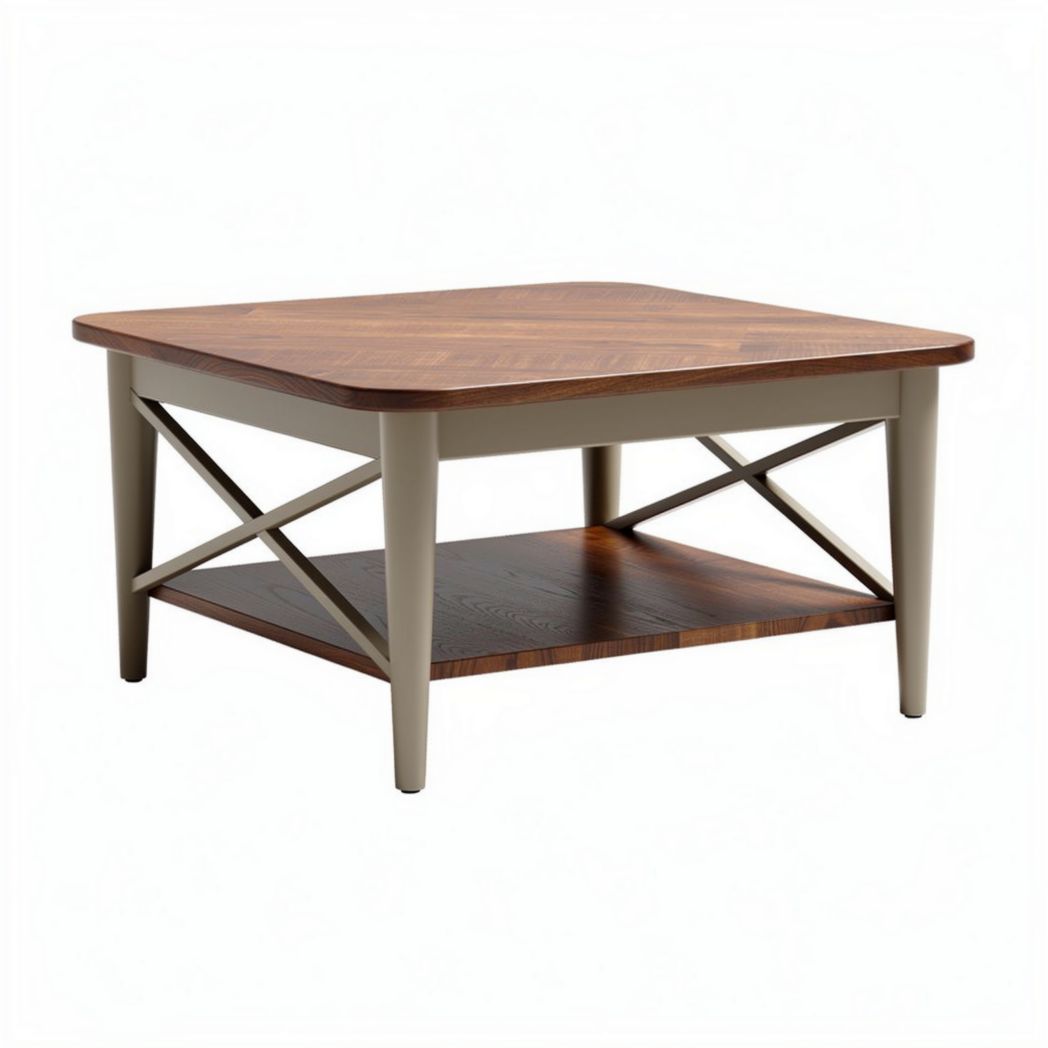 Square coffee table with wooden top and cross frame design 80 x 80 x 45cm
